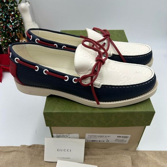Men’s Gucci GG embossed, leather boat shoes size 9, made in Italy - Picture 1 of 10